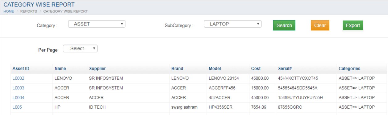 Category-wise report filtered to category Asset and sub-category Laptop, showing asset ID, name, supplier, brand, model, cost and serial number Category-wise report filtered to category Asset and sub-category Laptop, showing asset ID, name, supplier, brand, model, cost and serial number