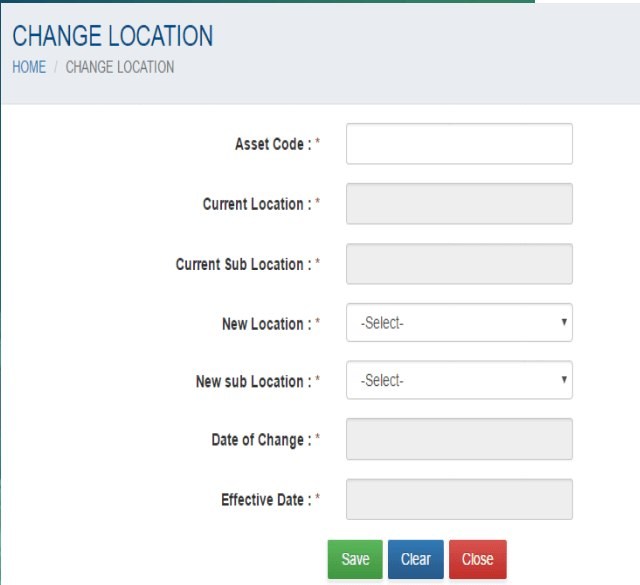 Change location screen in BSD Infotech asset management software with current and new location and effective date
