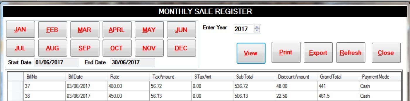 BSD billing software monthly sale register with month buttons and columns for bill number, date, tax, sub total, discount, grand total and payment mode