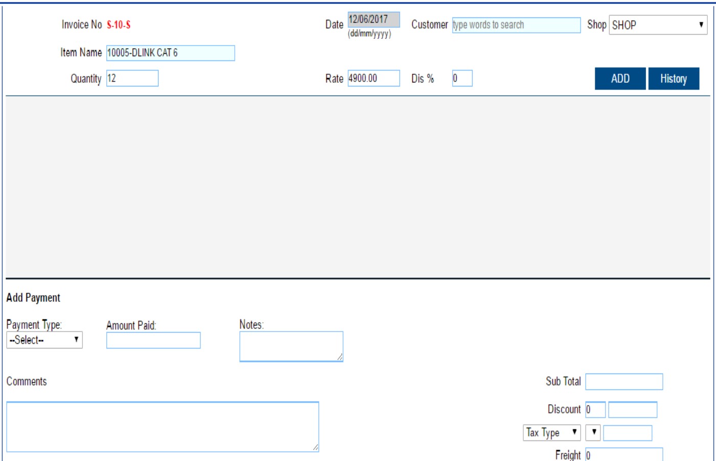 BSD billing software sales invoice screen with customer, items, quantity, rate, discount, payment, tax type and freight