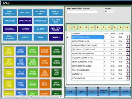 BSD POS software billing screen on a touch POS terminal