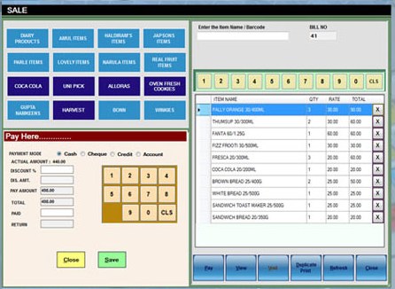BSD billing software counter sale screen with item or barcode entry, item list, payment mode and pay panel