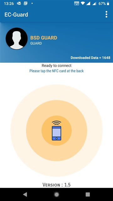 School guard app screen asking the guard to tap an NFC card