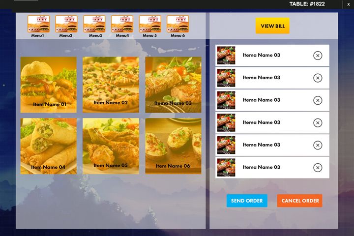 Restaurant ordering tablet app screen: menu items and order list