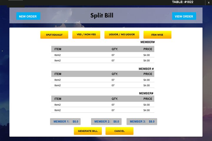 Restaurant ordering tablet: split bill