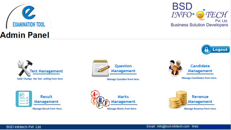 E-Examination Tool admin panel with test, question, candidate, result, marks and revenue management