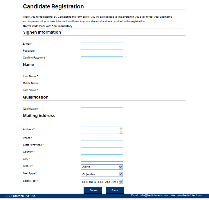 Blank candidate registration form with sign-in, name, qualification, address and test selection fields