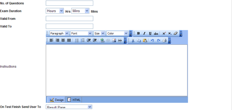 Test settings form with number of questions, exam duration, valid from, valid to, instructions and on-finish page