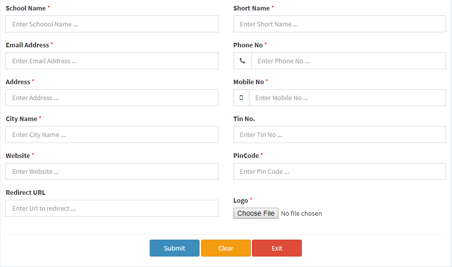 Add school form with school name, short name, contact, address, website, PIN code and logo fields