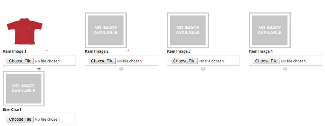 Uniform item editing screen with four item image slots and a size chart upload
