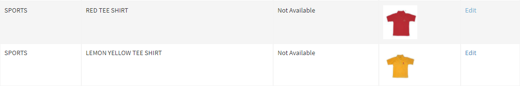 Uniform item list showing item group, item name, description, image and edit action