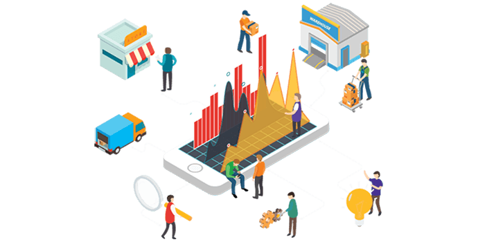 Illustration of a shop, warehouse and delivery connected through central stock data
